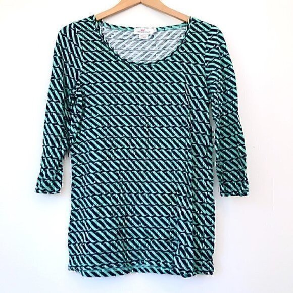 VINEYARD VINES Swell Print Top Navy Blue Green ish Wave Cotton 3/4 Sleeve Small - Picture 1 of 5